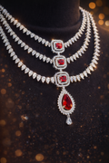 CUBIC ZIRCONIA MULTIPLE LAYERED CLASSIC NECKLACE SET WITH RHODIUM PLATING