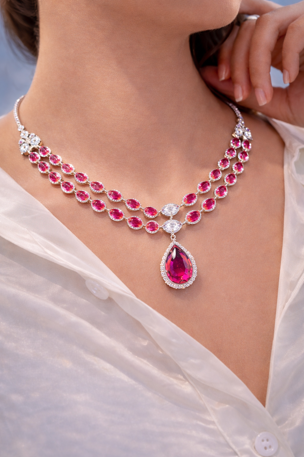 DOUBLE-LAYERED LINE NECKLACE WITH RHODIUM PLATING