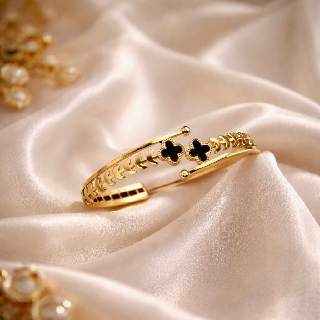 MIDNIGHT CLOVER OPEN CUFF BRACELET