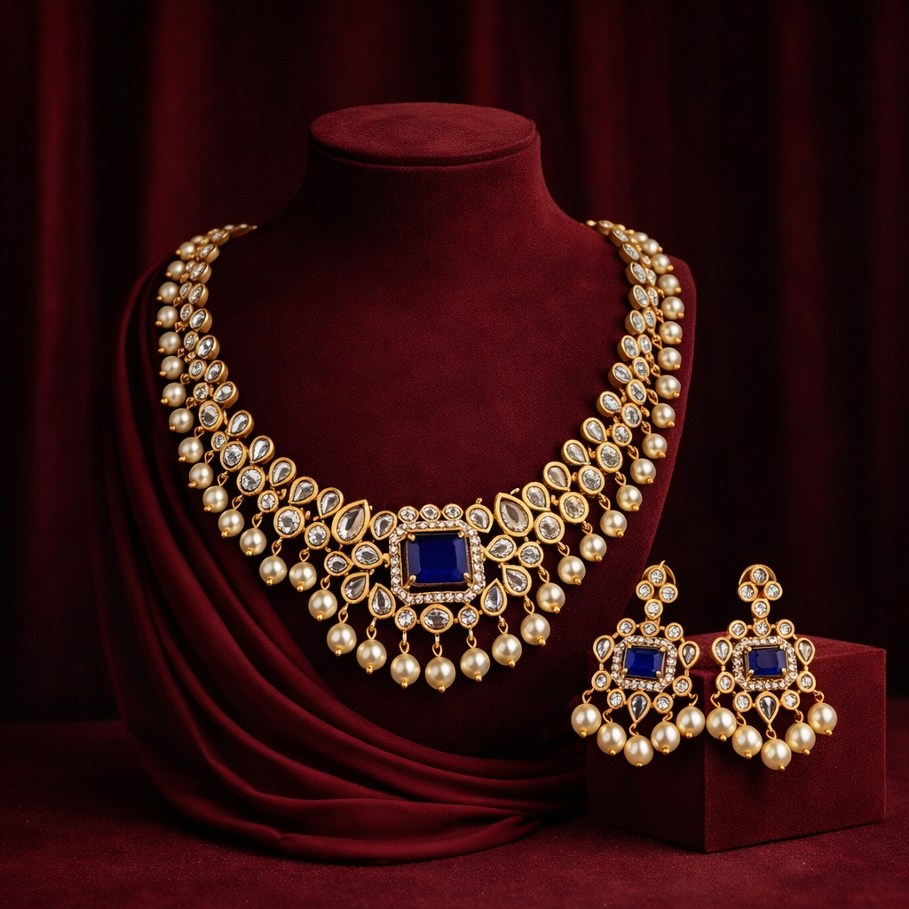 ROYAL SAPPHIRE PEARL DROP AD NECKLACE SET