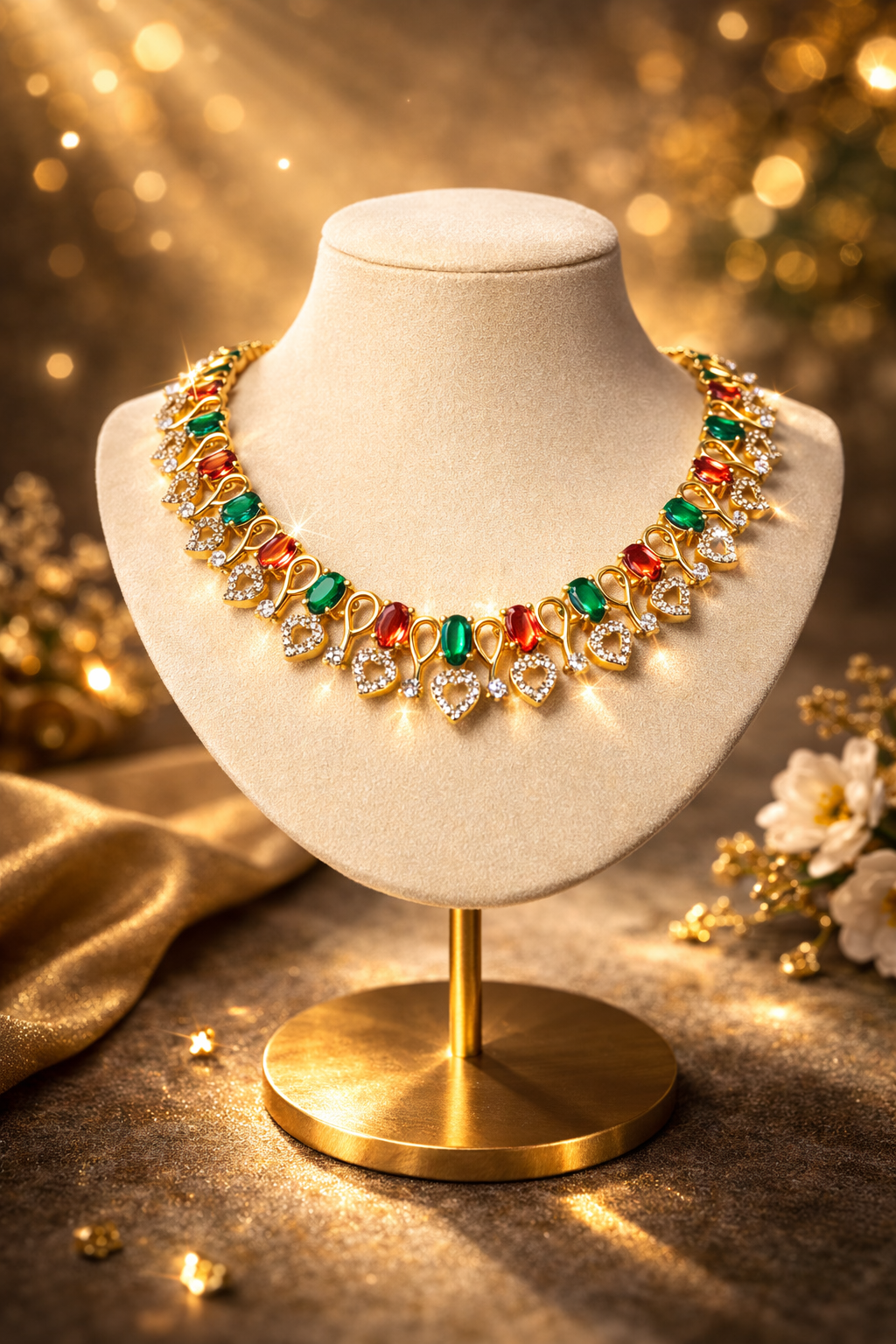 EMERALD CORAL HEART DROP GEMSET AD NECKLACE