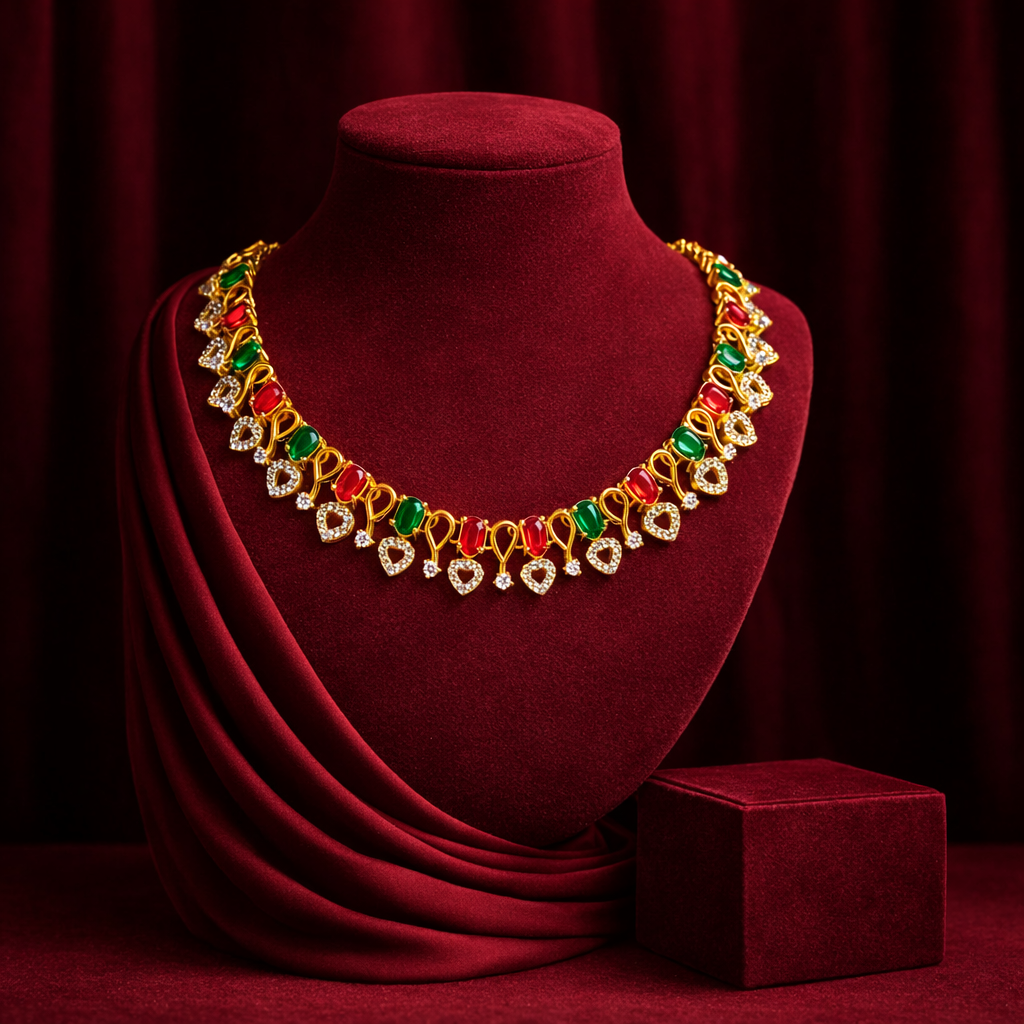 EMERALD CORAL HEART DROP GEMSET AD NECKLACE