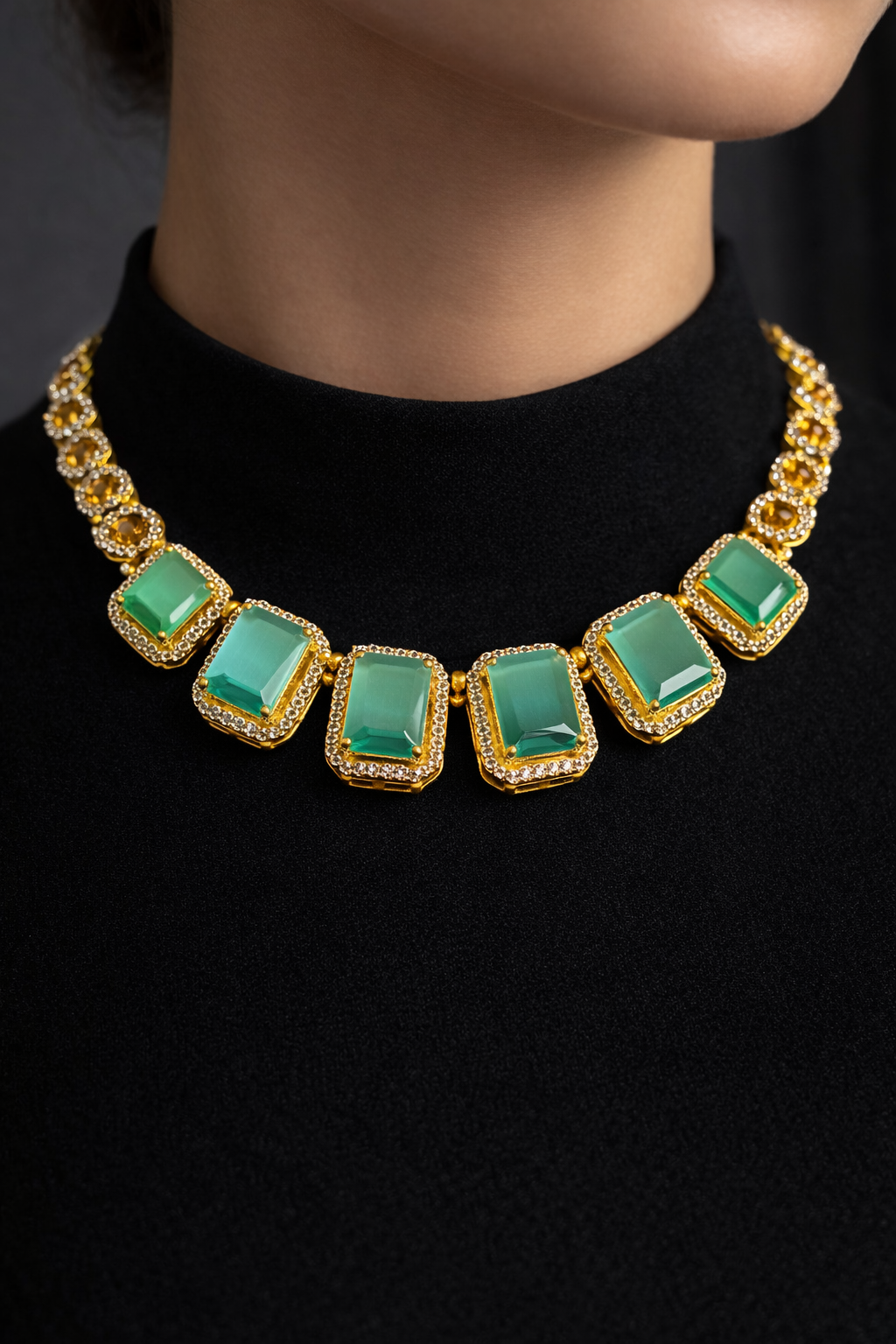 EMERALD GLOW CZ TWO TONE NECKLACE SET