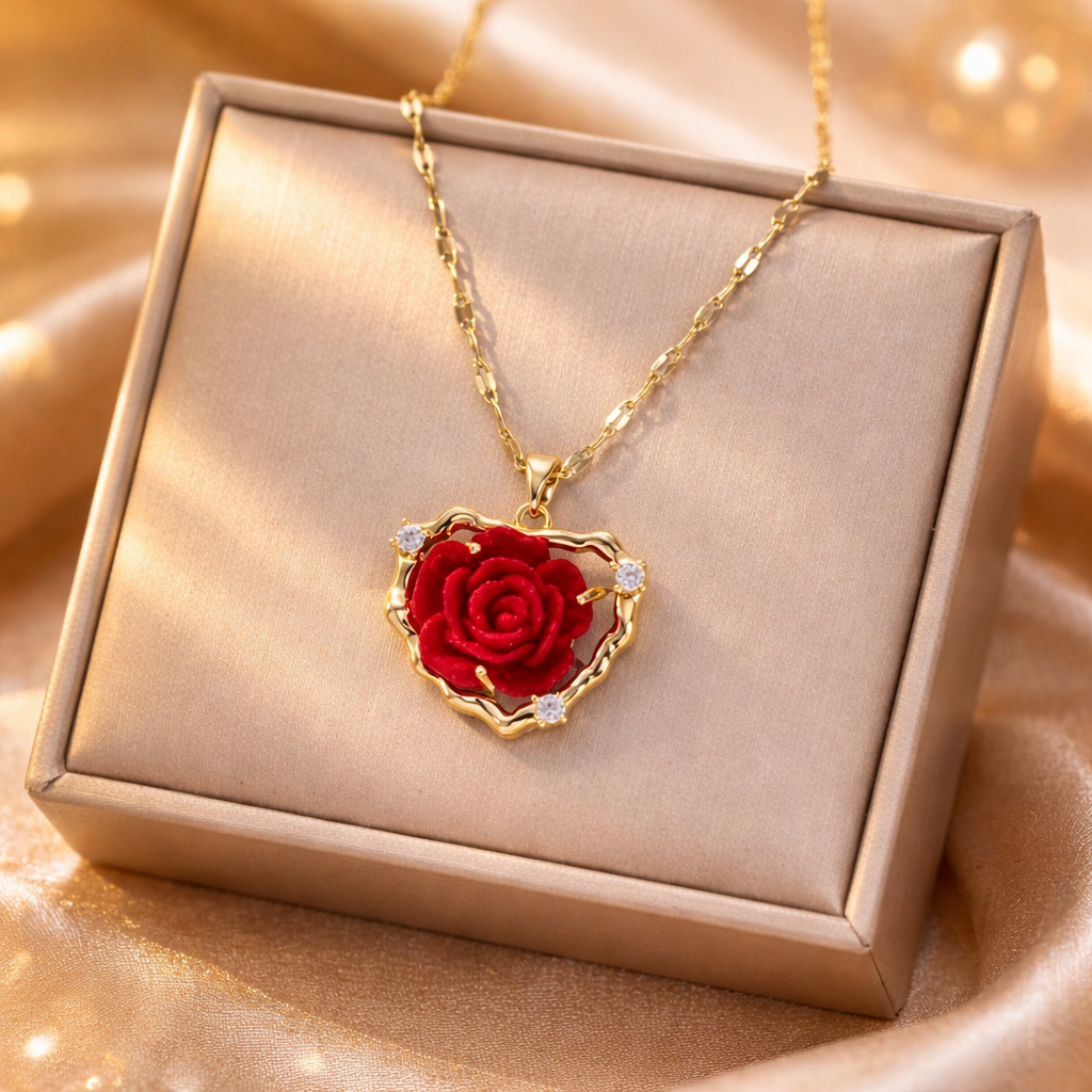 STAINLESS STEEL ROSE HEART NECKLACE