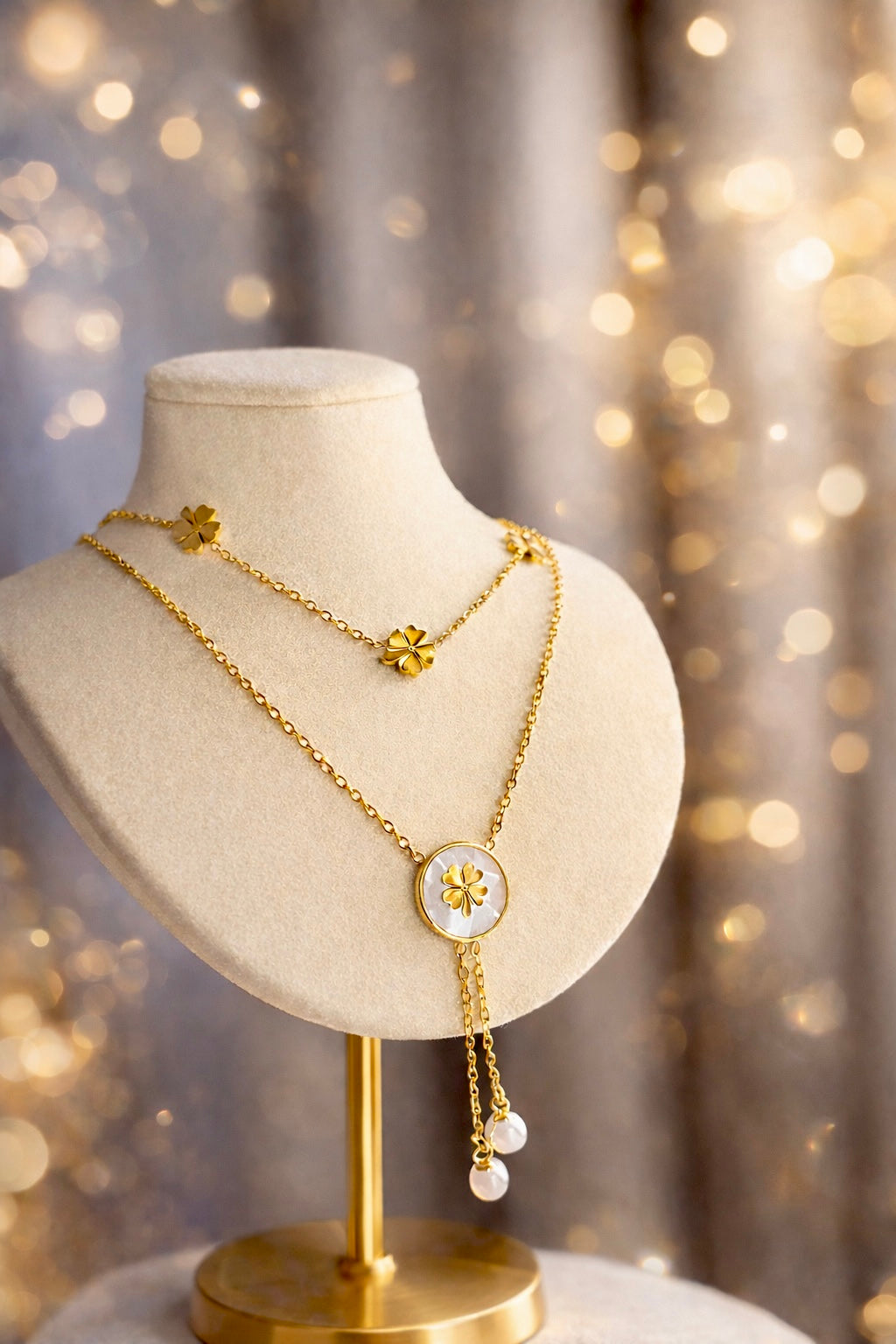 GOLDEN CLOVER PEARL LAYERED NECKLACE