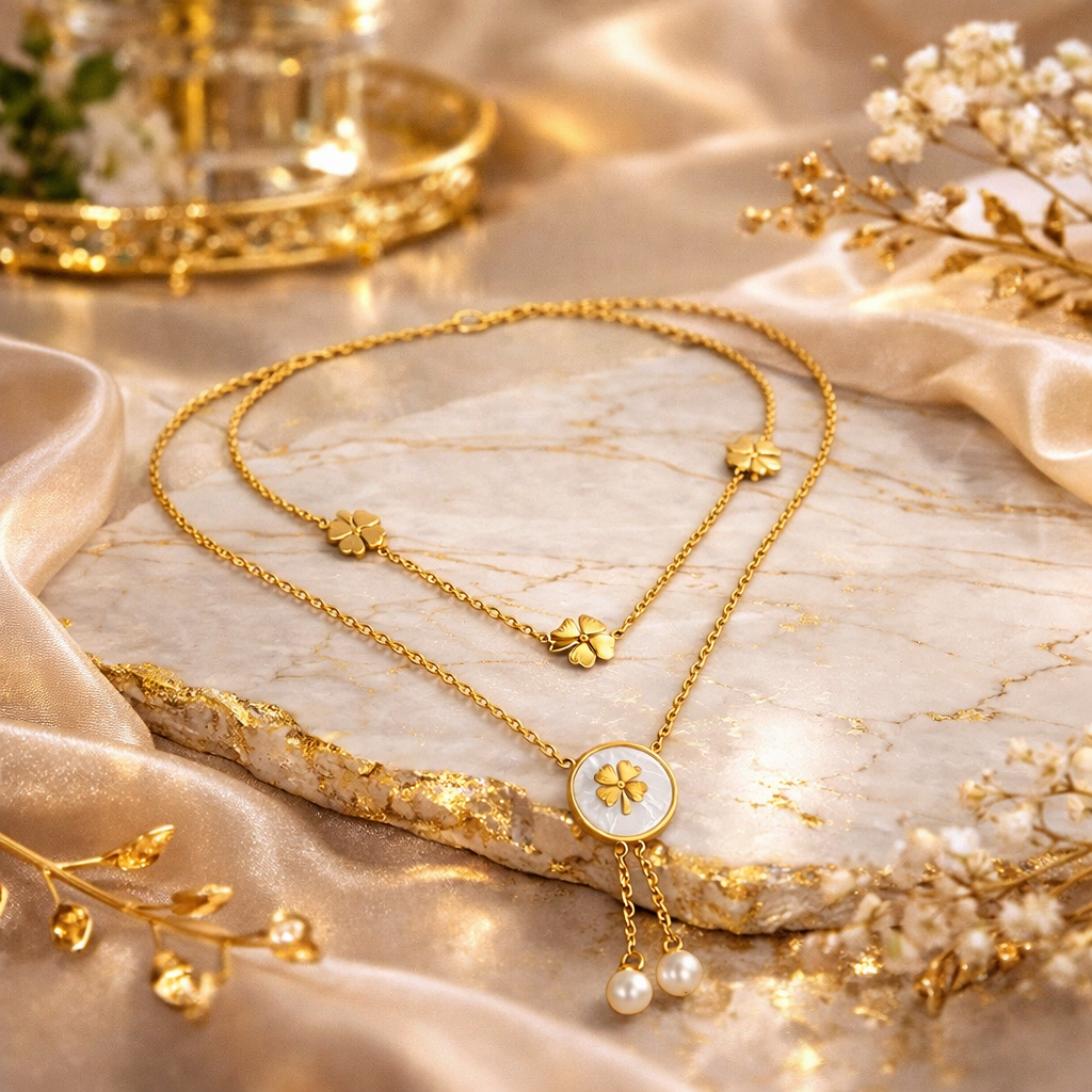 GOLDEN CLOVER PEARL LAYERED NECKLACE