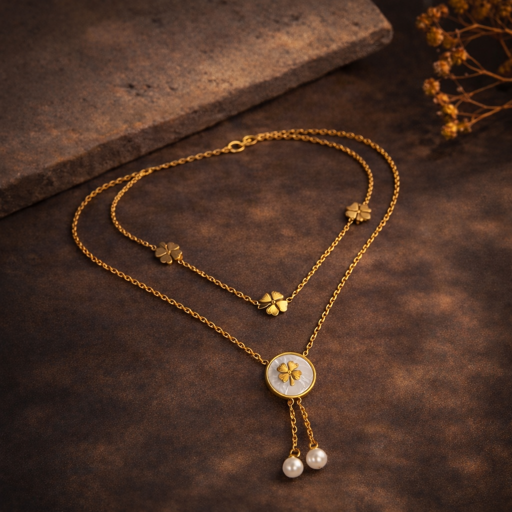 GOLDEN CLOVER PEARL LAYERED NECKLACE
