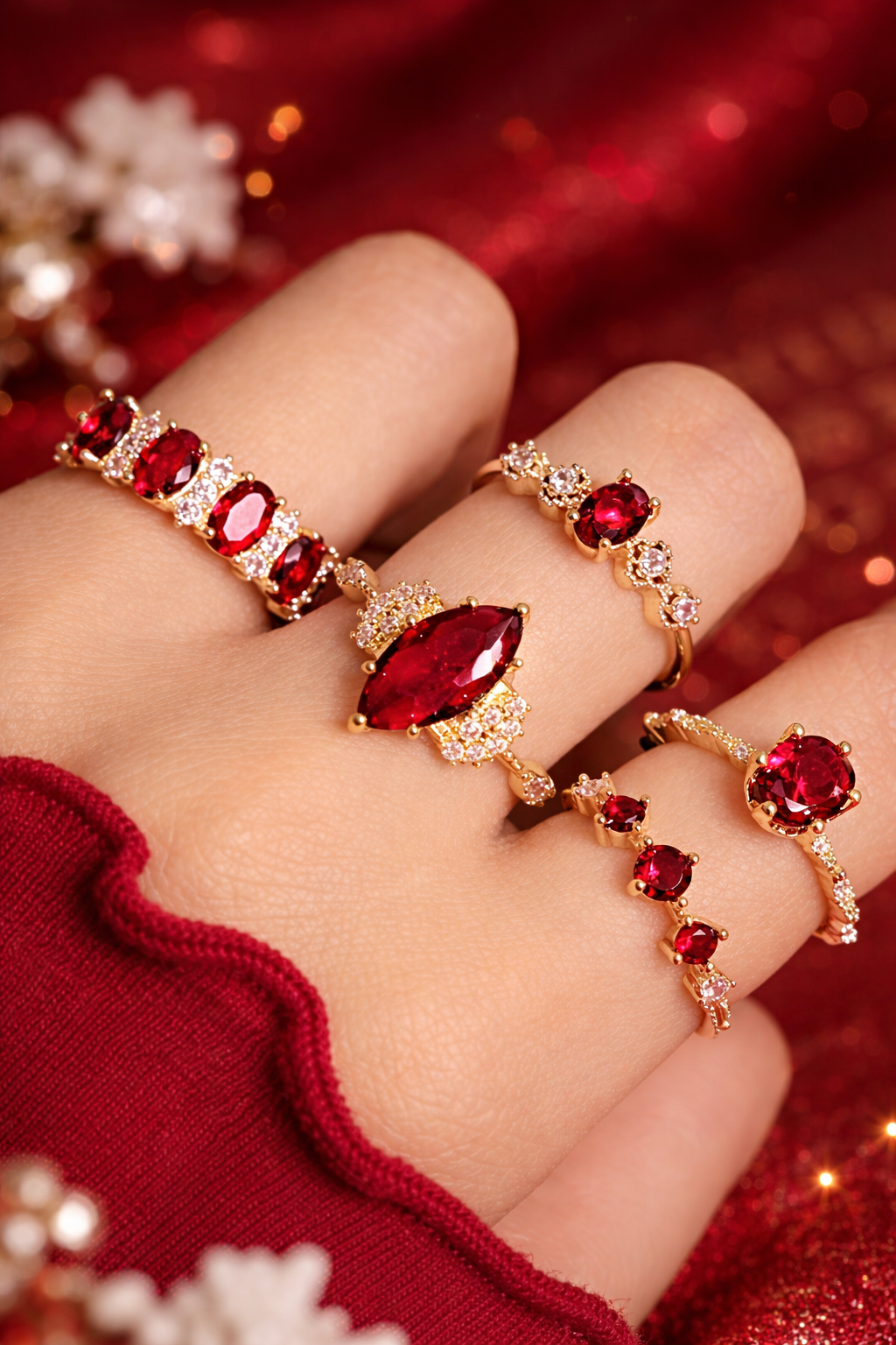 5 PCS/SET FASHIONABLE LUXURY RHINESTONE & RED GEMSTONE RINGS