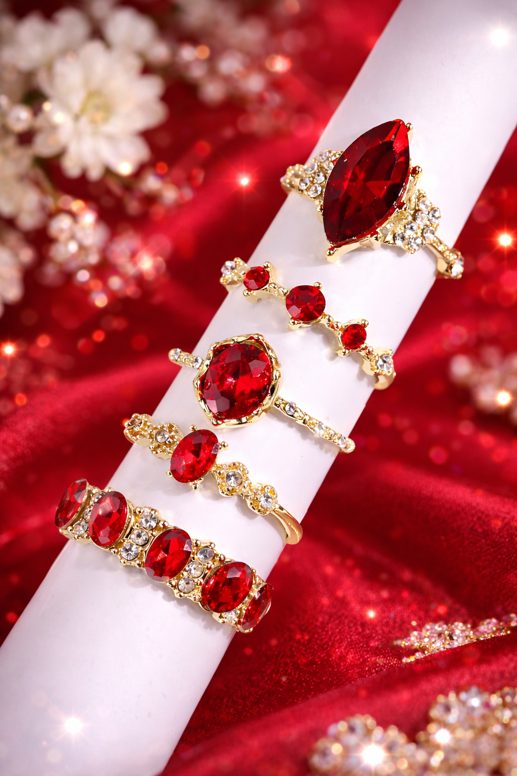 5 PCS/SET FASHIONABLE LUXURY RHINESTONE & RED GEMSTONE RINGS