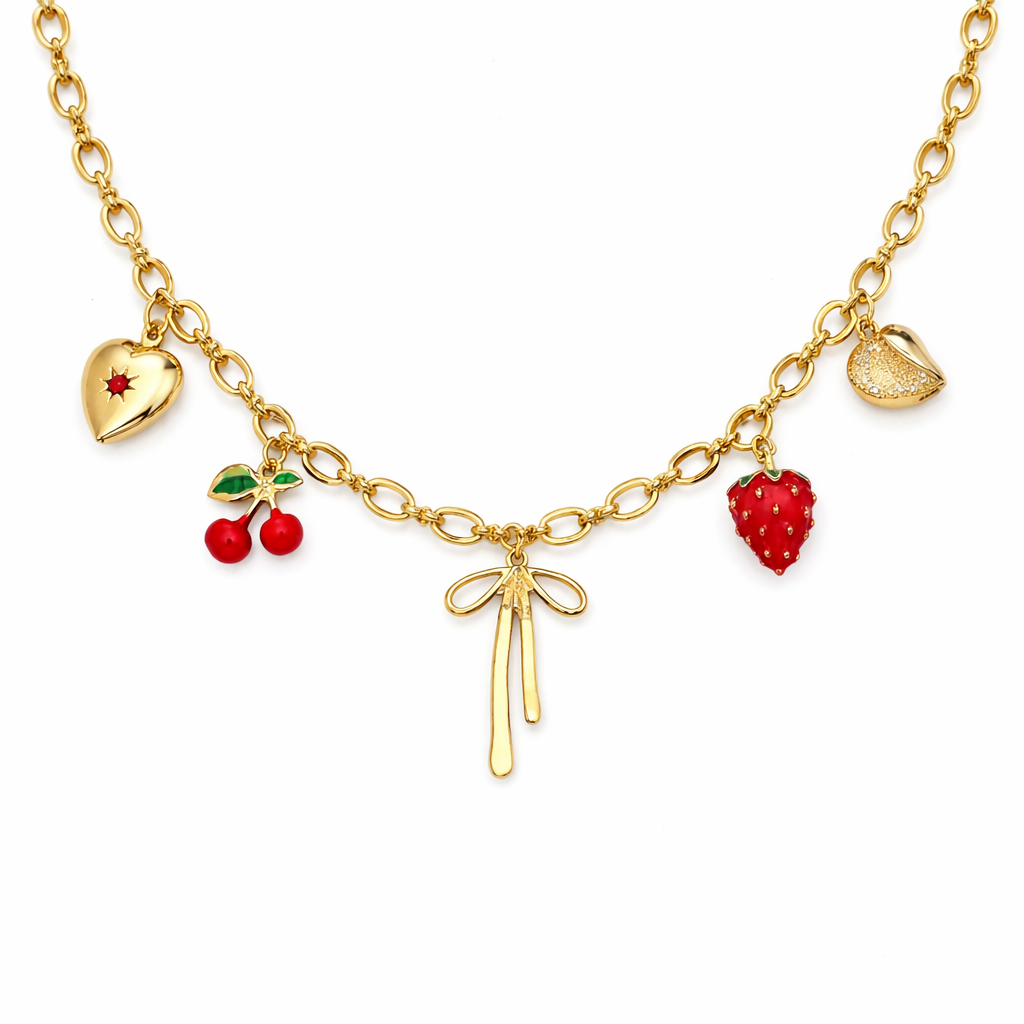 HEART LOCKET BOW CHERRY CHARM NECKLACE BOHO JEWELRY