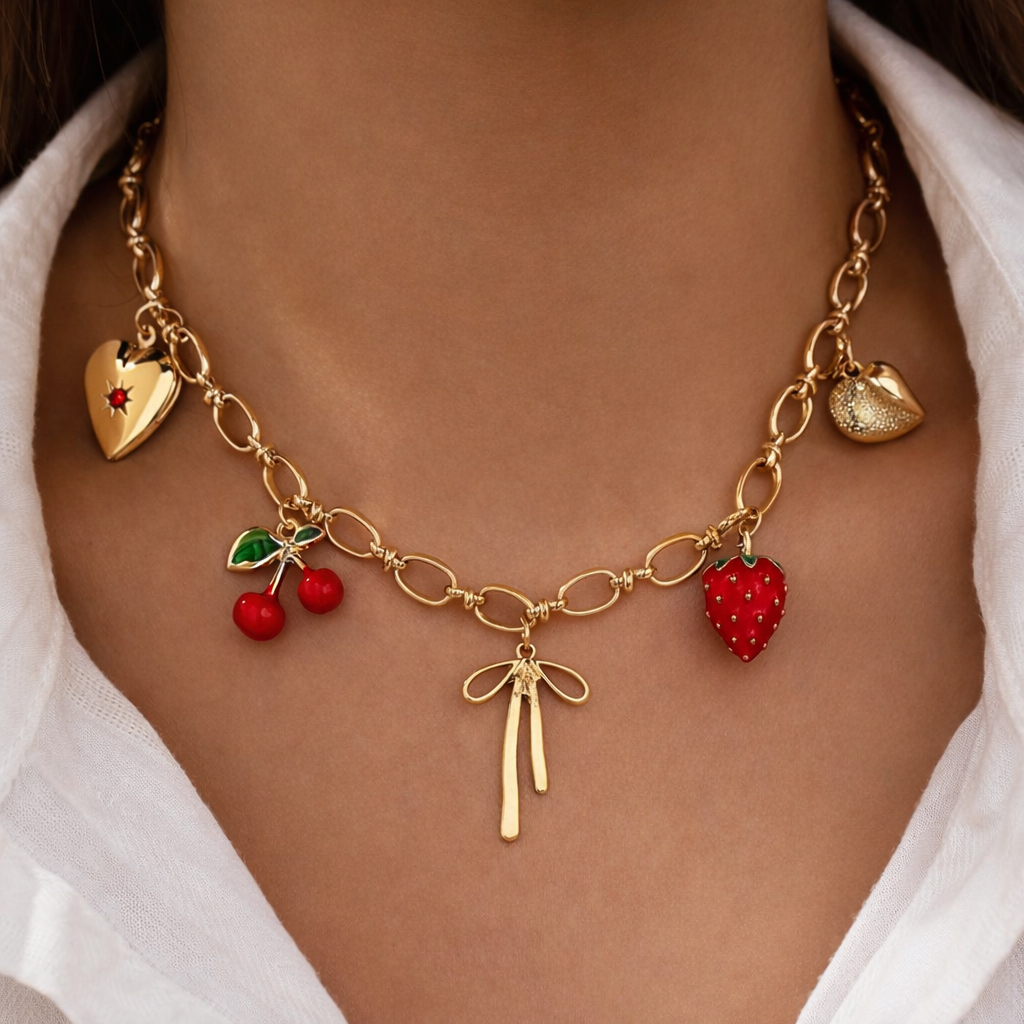 HEART LOCKET BOW CHERRY CHARM NECKLACE BOHO JEWELRY