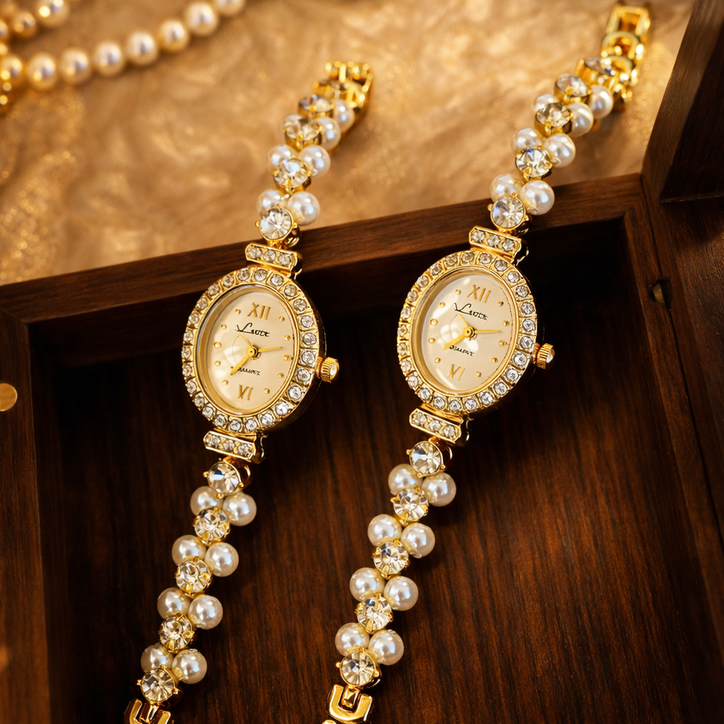 NEW LUXURY PEARL & CRYSTAL ENCRUSTED ELEGANT VINTAGE WATERPROOF WOMEN'S WATCH