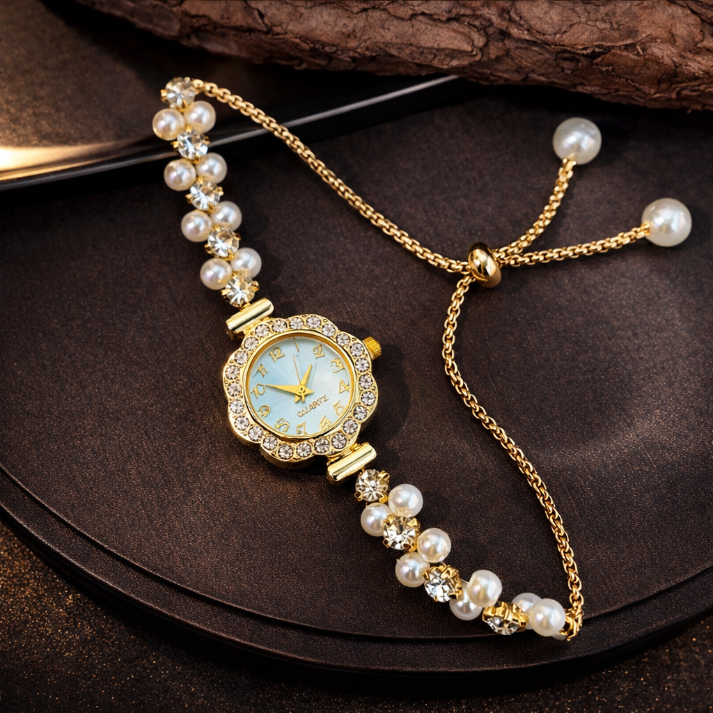 WOMEN'S FASHION WATCH WITH DOUBLE PEARL STRING,RHINESTONE INLAID PULL RING