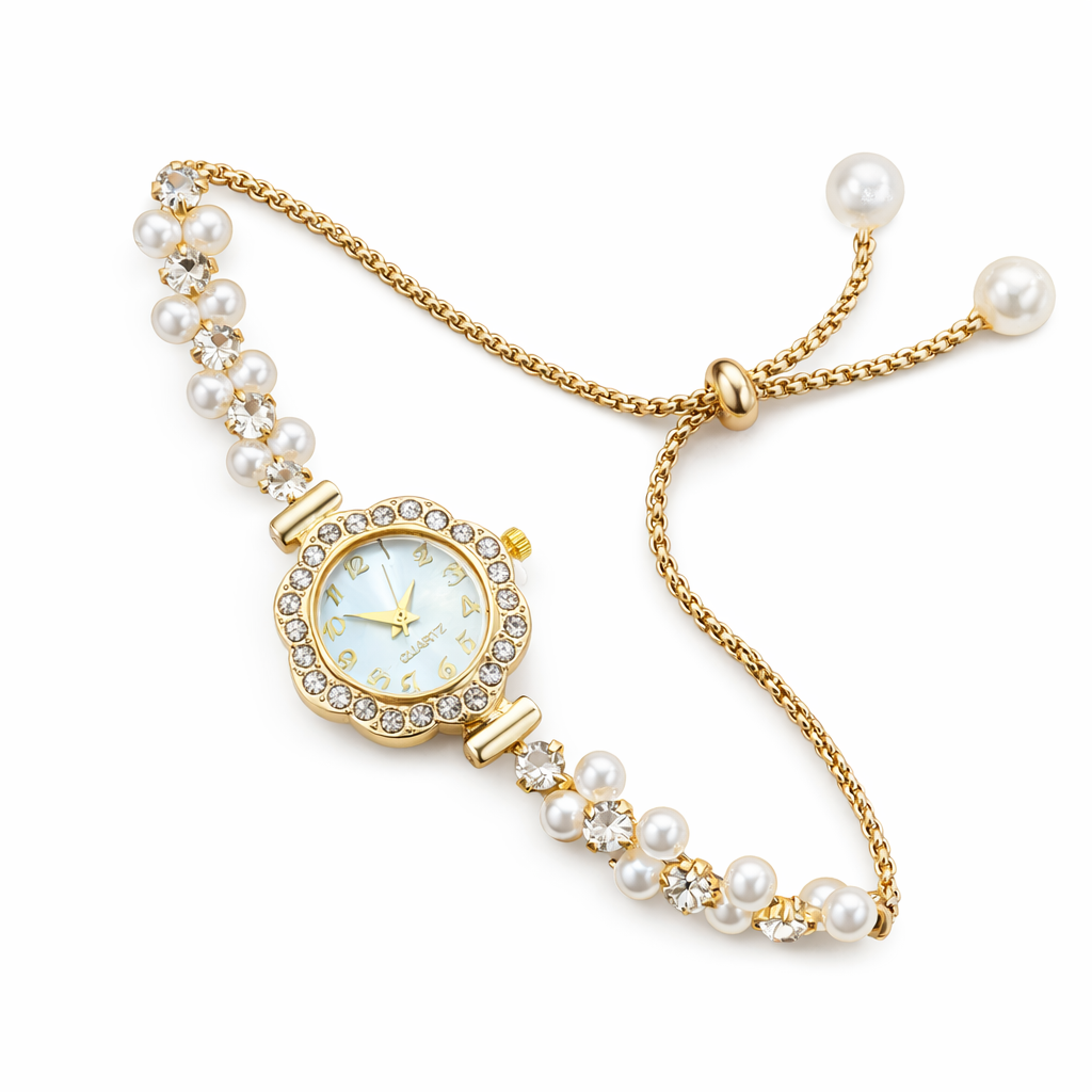 WOMEN'S FASHION WATCH WITH DOUBLE PEARL STRING,RHINESTONE INLAID PULL RING