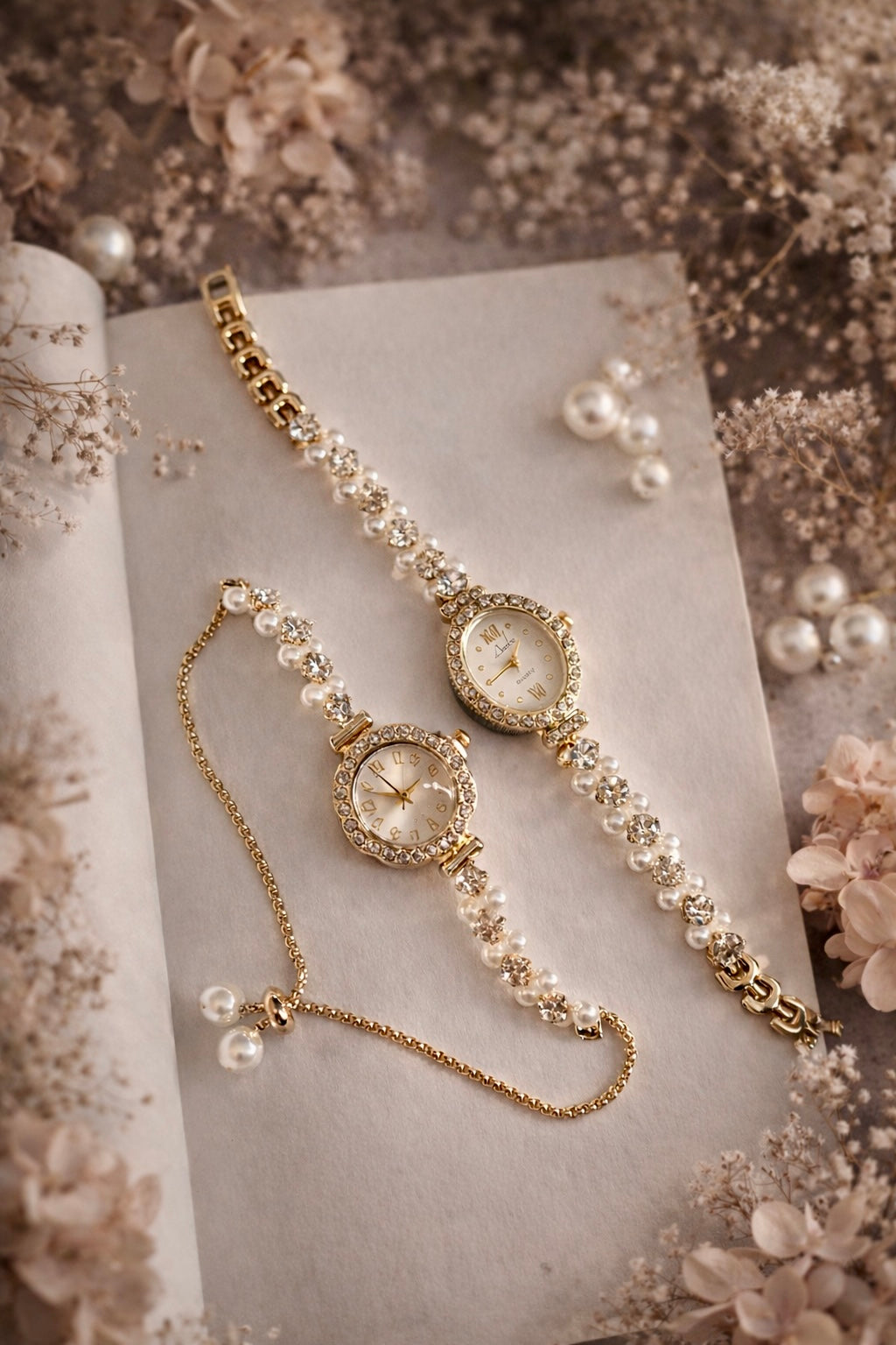 COMBO WATCH SET-PEARL AND CRYSTAL ENCRUSTED
