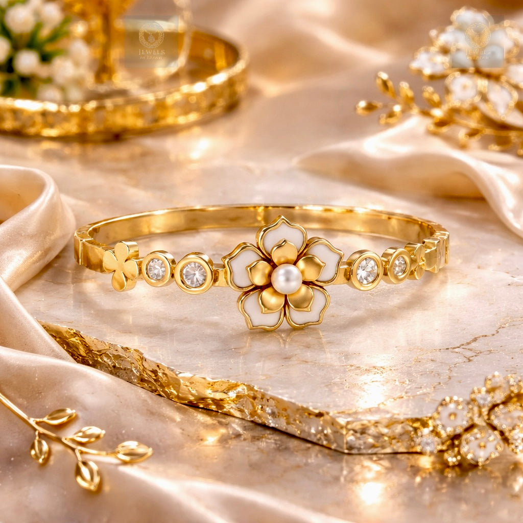 GOLDEN ENAMEL BLOSSOM OPEN BANGLE BRACELET