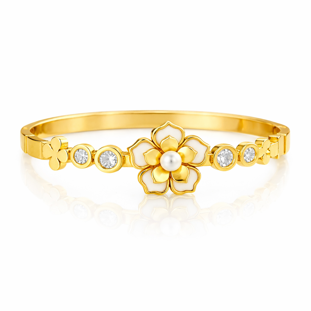 GOLDEN ENAMEL BLOSSOM OPEN BANGLE BRACELET