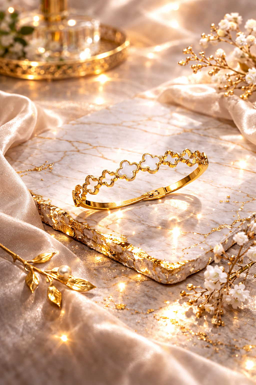GOLDEN CLOVER CHARM OPEN BANGLE BRACELET