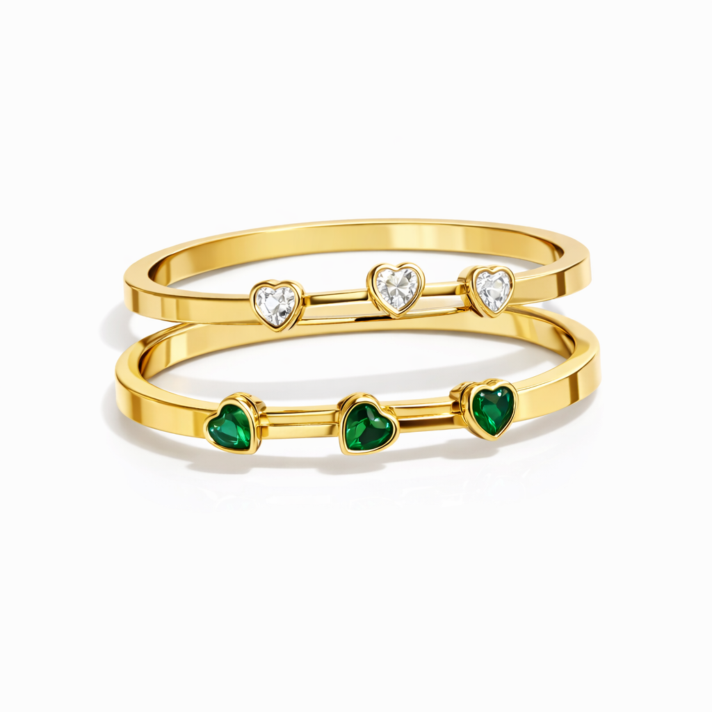 CUBIC-ZIRCONIA OPEN BANGLE BRACELET COMBO SET -RED AND GREEN