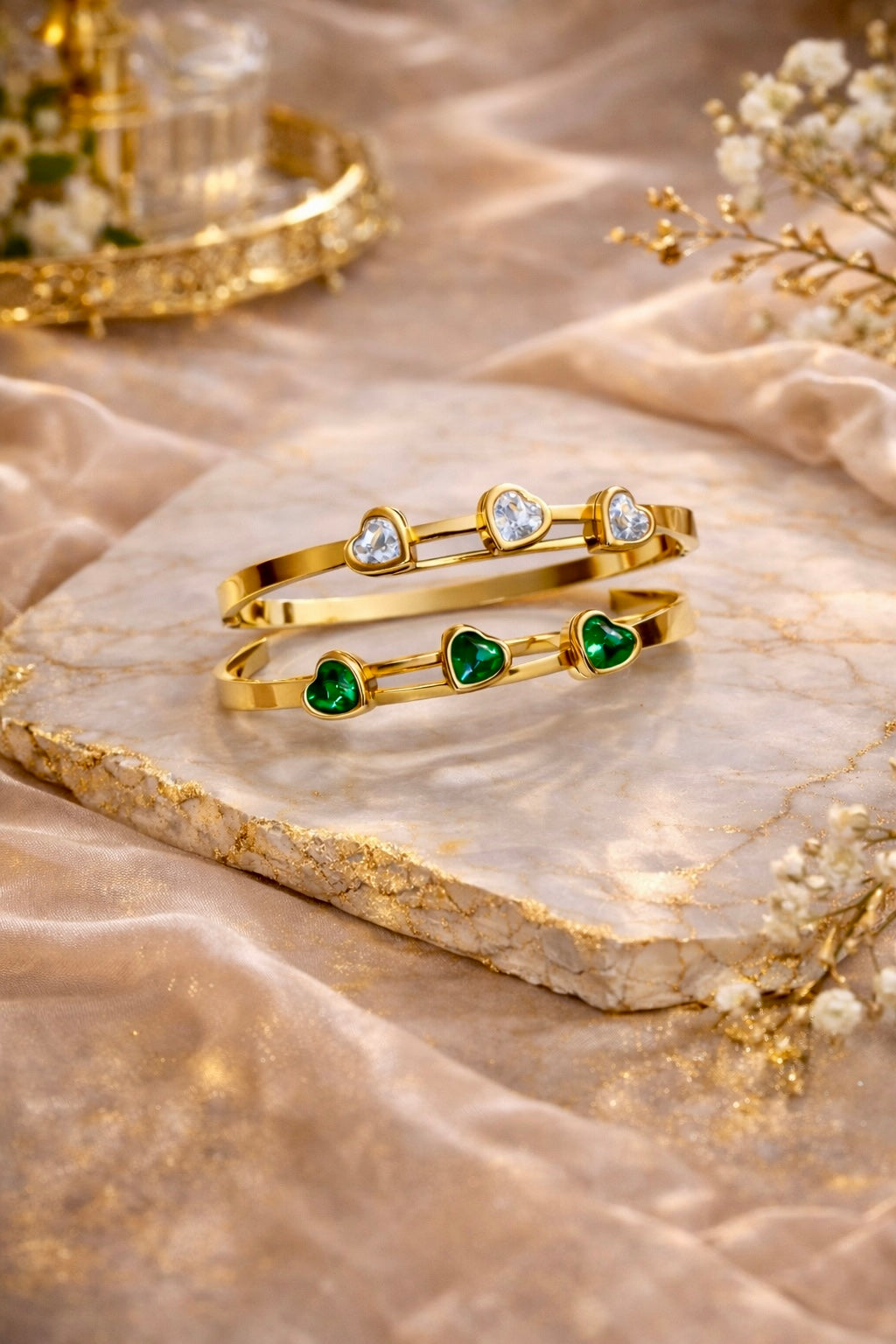 CUBIC-ZIRCONIA OPEN BANGLE BRACELET COMBO SET -RED AND GREEN