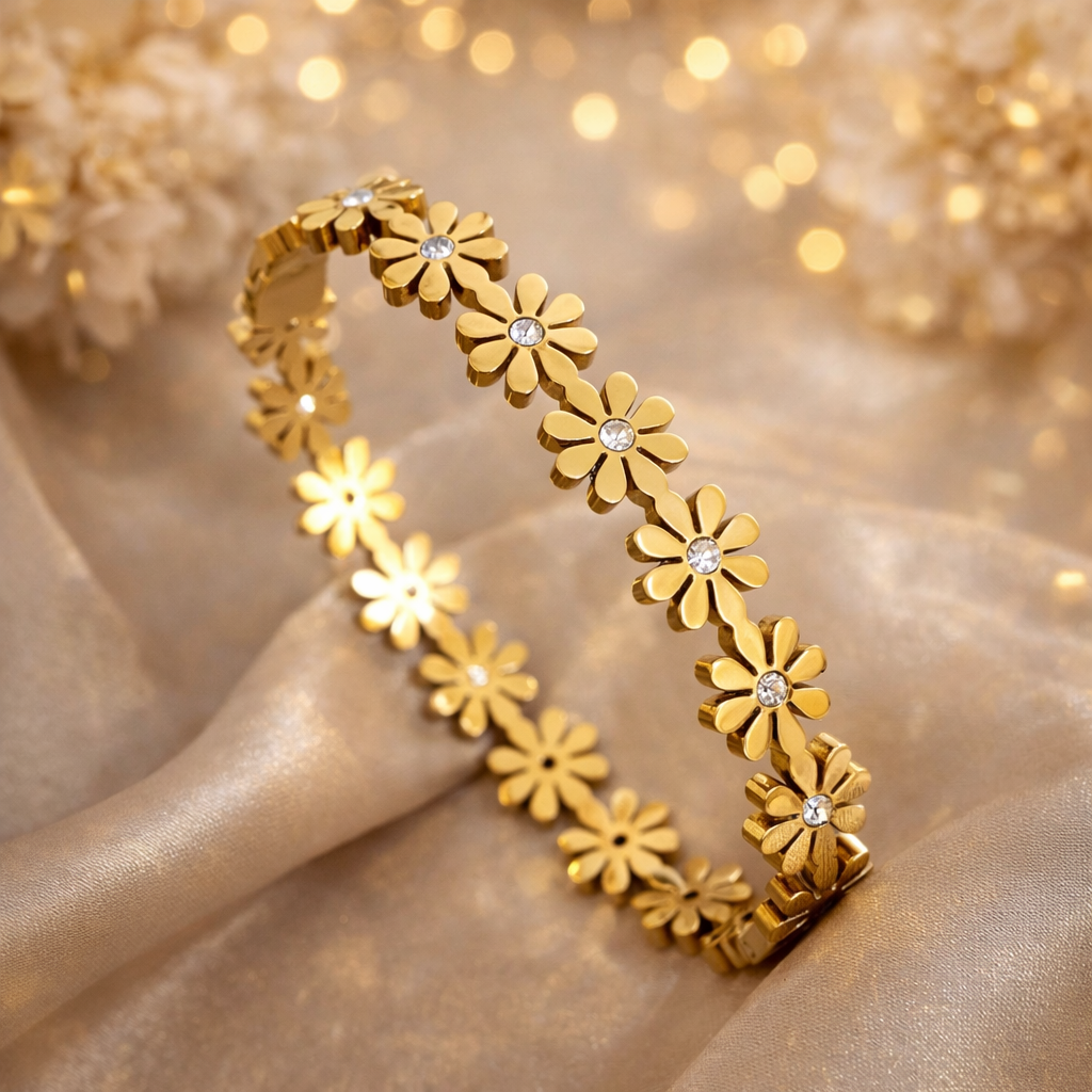 1pc FLOWER RHINESTONE INLAID GOLD TONE  FASHIONABLE VERSATILE OPEN BRACELET