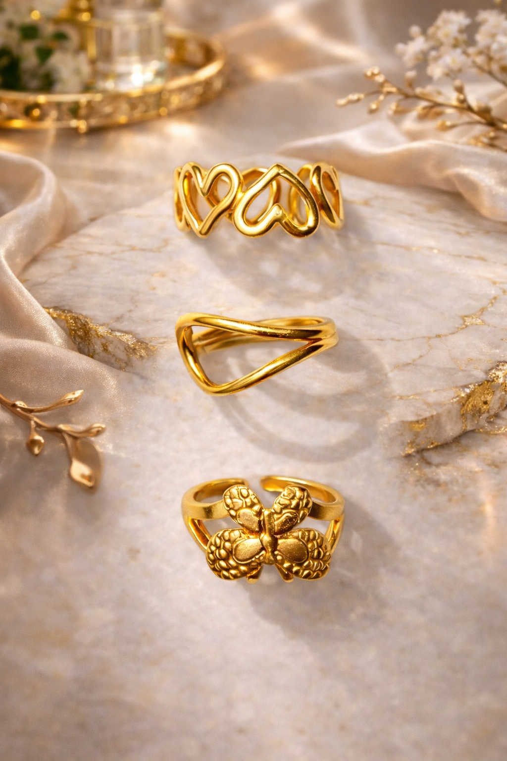 3 Pc GOLD TONE GEOMETRIC PATTERN MIXED HIGH QUALITY RING SET