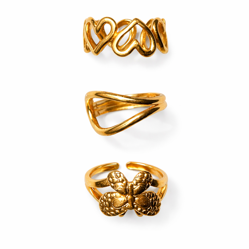 3 Pc GOLD TONE GEOMETRIC PATTERN MIXED HIGH QUALITY RING SET