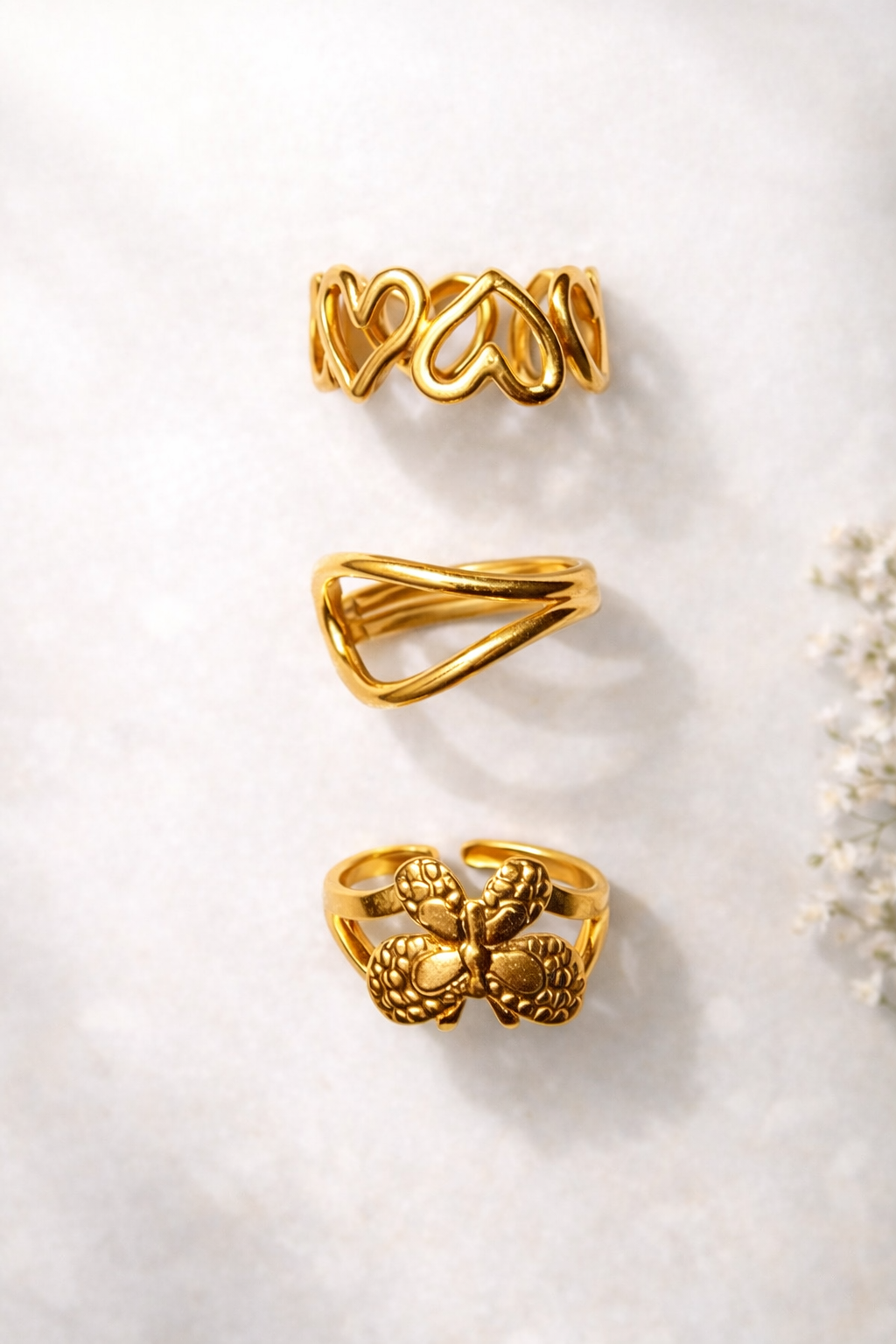 3 Pc GOLD TONE GEOMETRIC PATTERN MIXED HIGH QUALITY RING SET